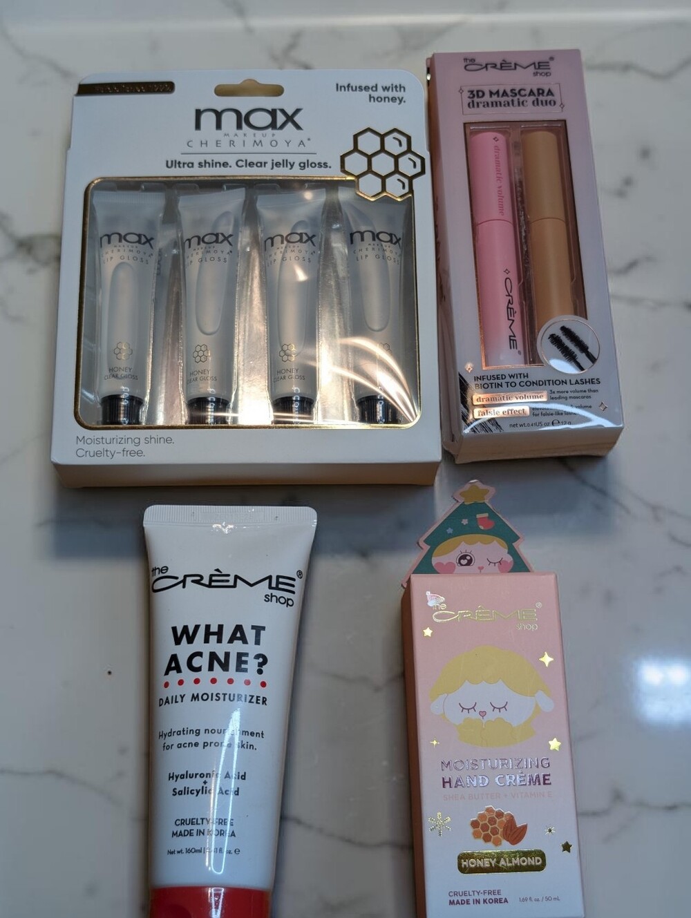 The Créme Shop Bundle. Mascara, Lip Gloss, Hand Cream, Acne Moisturizer